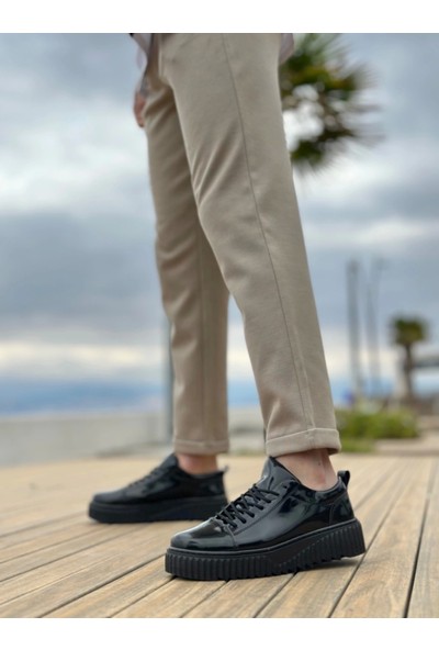 BA8104 Boa Yüksek Taban Rugan Siyah Bağcıklı Erkek Ayakkabı