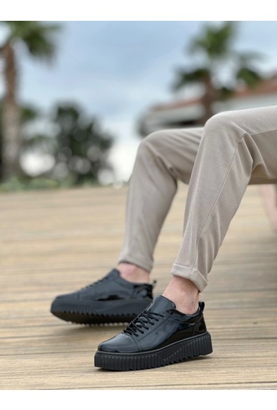 BA8104 Boa Yüksek Taban Rugan Siyah Bağcıklı Erkek Ayakkabı