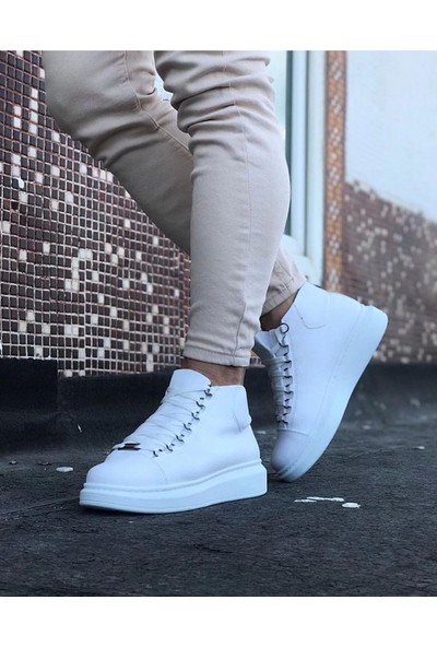 Wagoon WG032 Beyaz Bağcıklı Sneakers  Yarım Bilek Bot