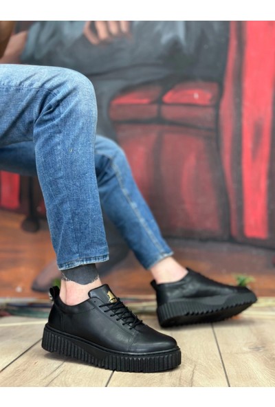 BA8104 Boa Yüksek Siyah Taban Siyah Cilt Bağcıklı Erkek Ayakkabı