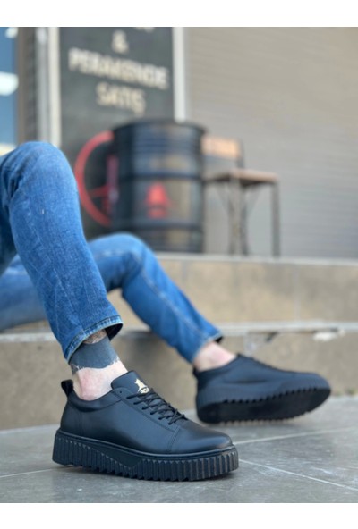 BA8104 Boa Yüksek Siyah Taban Siyah Cilt Bağcıklı Erkek Ayakkabı