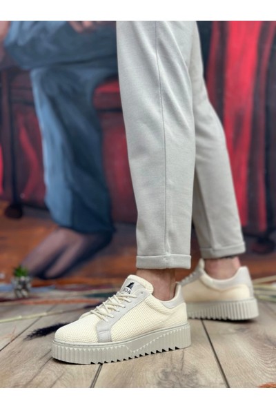 BA0803 Boa Yüksek Taban Triko Krem Erkek Ayakkabı