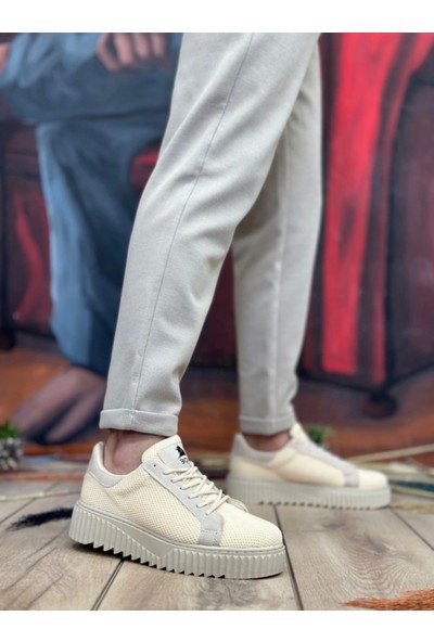 BA0803 Boa Yüksek Taban Triko Krem Erkek Ayakkabı