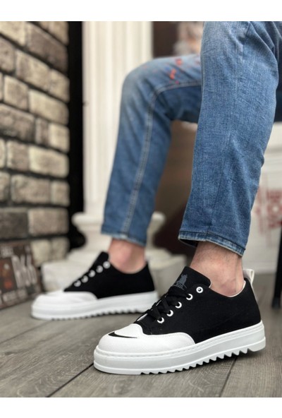 BA0328 Boa Kalın Yüksek Taban Smile Desenli Siyah Beyaz Spor Erkek Ayakkabı