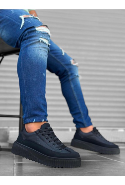 BA0801 Boa Siyah Yüksek Taban Siyah Paraşüt Kumaş Cilt Detaylı Erkek Ayakkabı