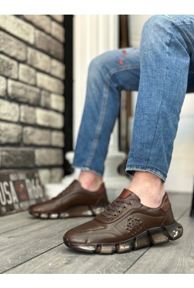 BA0338 Içi Dışı Hakiki Deri Rahat Taban Kahve Sneakers Casual Erkek Ayakkabı