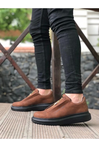 BA0310 Boa Kalın Yüksek Taban Fermuarlı Taba Siyah Erkek Ayakkabı