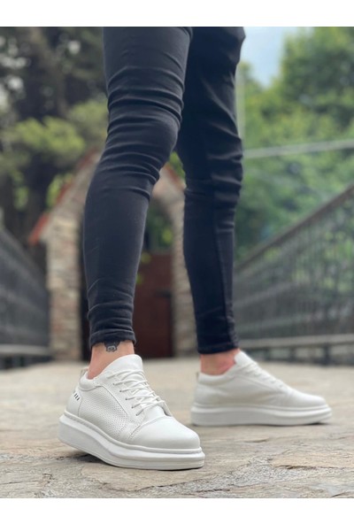 BA0548 Boa Kalın Yüksek Taban Beyaz Bağcıklı Spor Erkek Ayakkabı