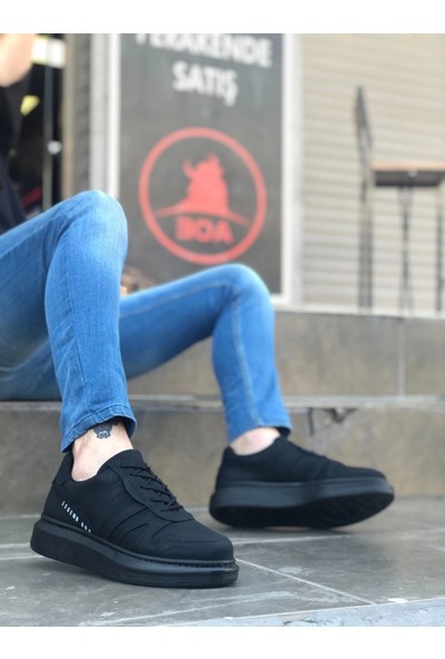 BA0548 Boa Kalın Yan Desenli Yüksek Siyah Taban Siyah Bağcıklı Spor Erkek Ayakkabı