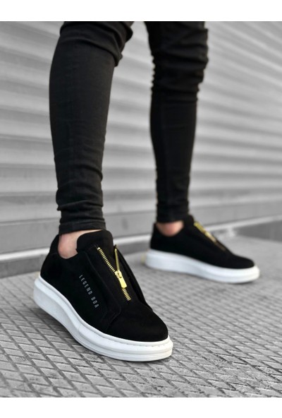 BA0310 Boa Kalın Süet Yüksek Taban Fermuarlı Siyah Beyaz Erkek Ayakkabı