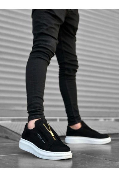 BA0310 Boa Kalın Süet Yüksek Taban Fermuarlı Siyah Beyaz Erkek Ayakkabı