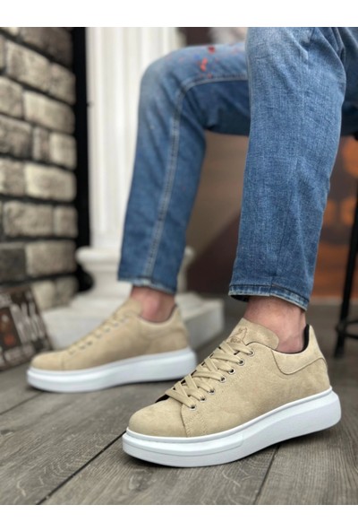 BA0547 Boa Kalın Yüksek Taban Krem Süet Bağcıklı Spor Erkek Ayakkabı