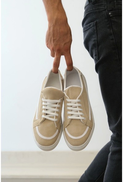 BA0351 Boa Bağcıklı Deri Tozu Günlük Krem Renk Spor Ayakkabı