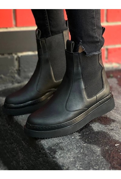 KB-0992  Kuback Siyah Cilt Siyah Yüksek Taban  Lastikli Erkek Bot
