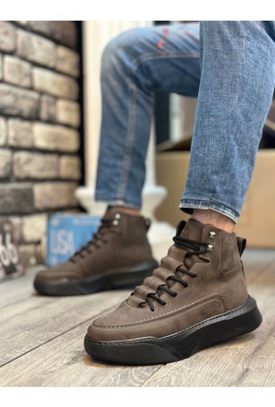 BA0321 Gizli Bağcıklı Erkek Yüksek Taban Kahverengi Spor Bot