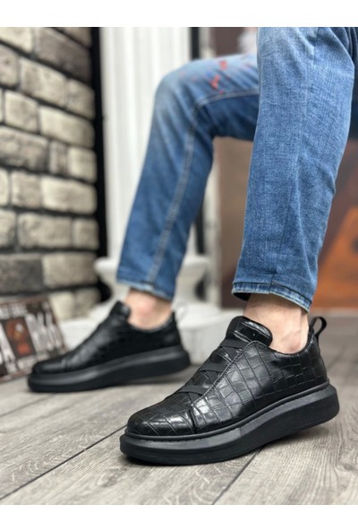 BA0134 Boa Kalın Yüksek Taban Desenli Çapraz Bant Siyah Erkek Ayakkabı