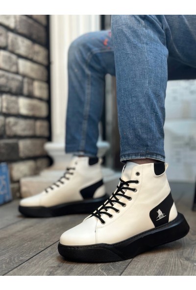 BA0155 Bağcıklı Erkek Yüksek Taban Beyaz Siyah Taban Spor Bot