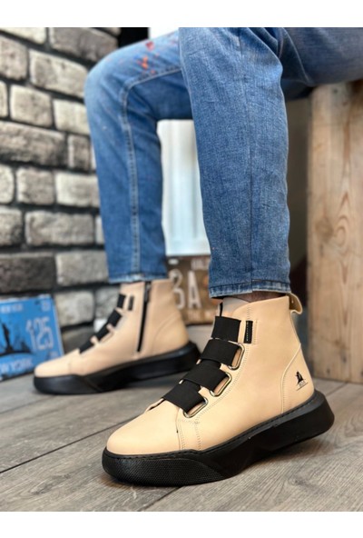 BA0142 Bantlı Erkek Yüksek Taban Krem Spor Bot