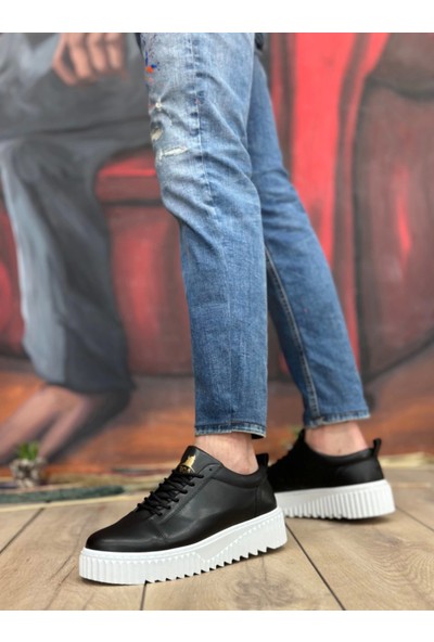 BA8104 Boa Yüksek Taban Siyah Cilt Bağcıklı Erkek Ayakkabı