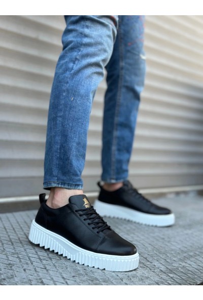 BA8104 Boa Yüksek Taban Siyah Cilt Bağcıklı Erkek Ayakkabı