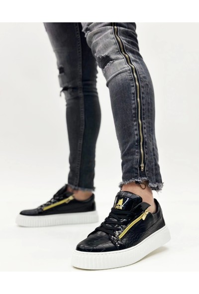 Aradım Taradım Snr-308 Boa Kalın Yüksek Taban Çift Fermuarlı Siyah Beyaz Erkek Ayakkabı