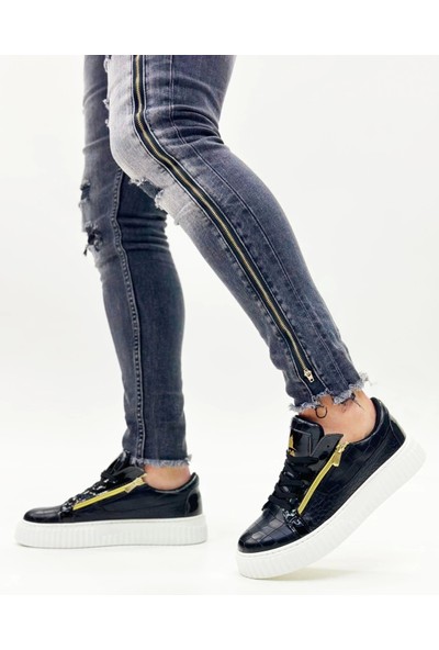 Aradım Taradım Snr-308 Boa Kalın Yüksek Taban Çift Fermuarlı Siyah Beyaz Erkek Ayakkabı