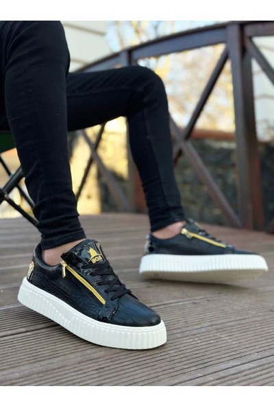 Aradım Taradım Snr-308 Boa Kalın Yüksek Taban Çift Fermuarlı Siyah Beyaz Erkek Ayakkabı