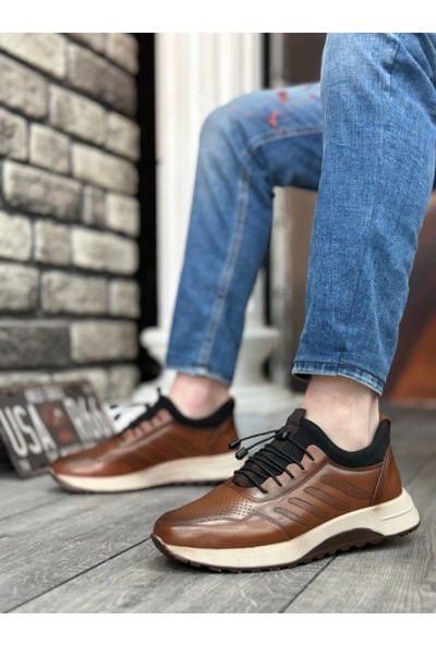 Aradım Taradım BA0335 Hakiki Deri Rahat Taban Ayarlanabilir Lastik Bağcıklı Taba Casual Erkek Ayakkabı