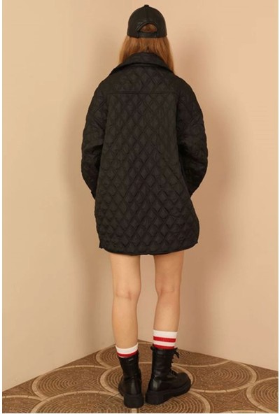 Kapitone Kumaş Çift Dikiş Desen Kadın Mont-Siyah