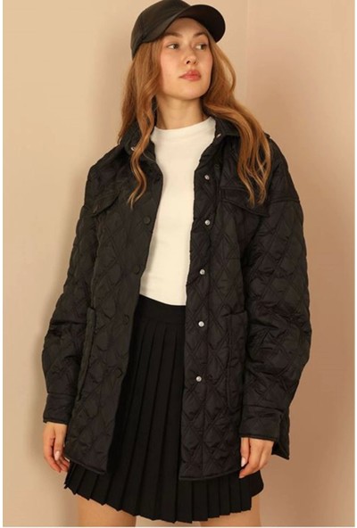 Kapitone Kumaş Çift Dikiş Desen Kadın Mont-Siyah