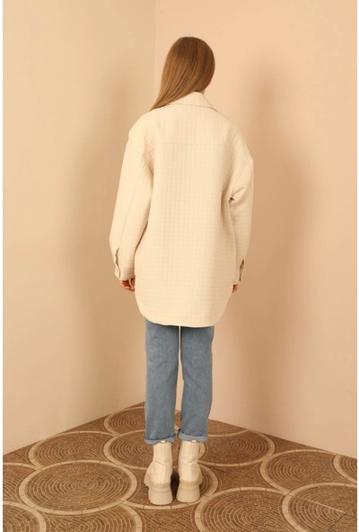 Jakar Kumaş Küçük Kare Desen Oversize Kadın Gömlek-Taş