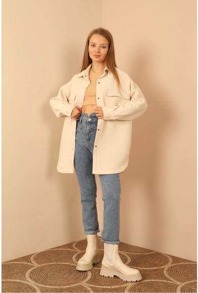 Jakar Kumaş Küçük Kare Desen Oversize Kadın Gömlek-Taş