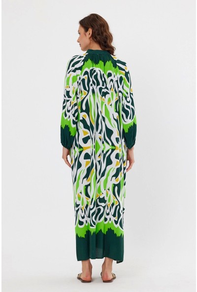 Desenli Rahat Kalıp Lastik Kol Kadın Elbise-Yeşil