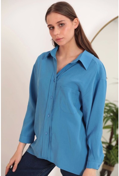 Modal Kumaş Oversize Kadın Gömlek-Mavi
