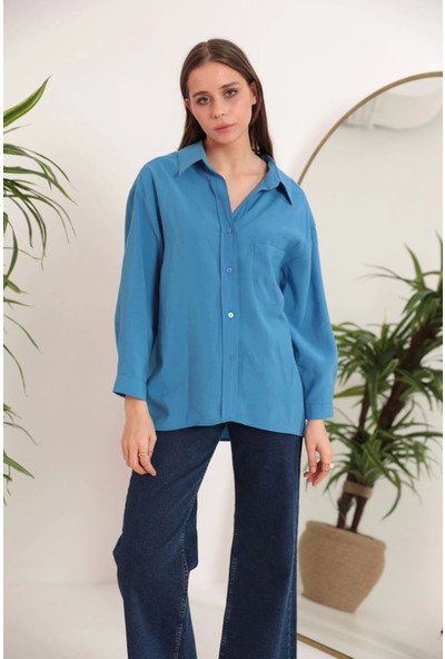 Modal Kumaş Oversize Kadın Gömlek-Mavi
