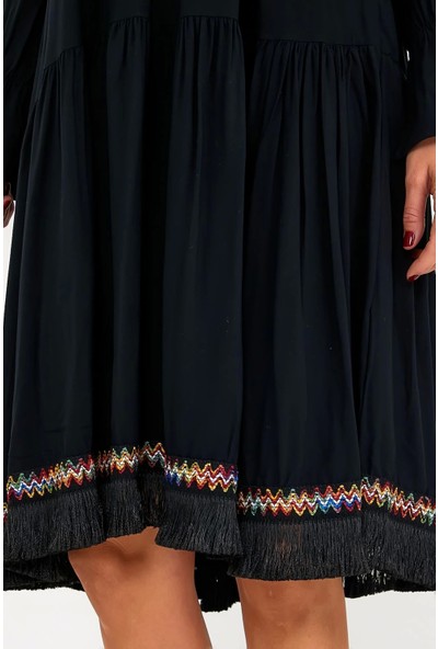 Nakışlı Püskül Detaylı Uzun Kol Kadın Elbise-Siyah