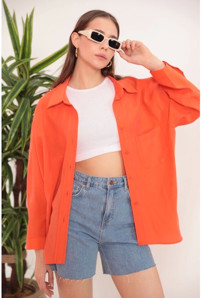 Modal Kumaş Oversize Kadın Gömlek-Oranj