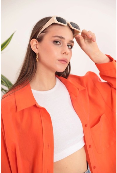 Modal Kumaş Oversize Kadın Gömlek-Oranj