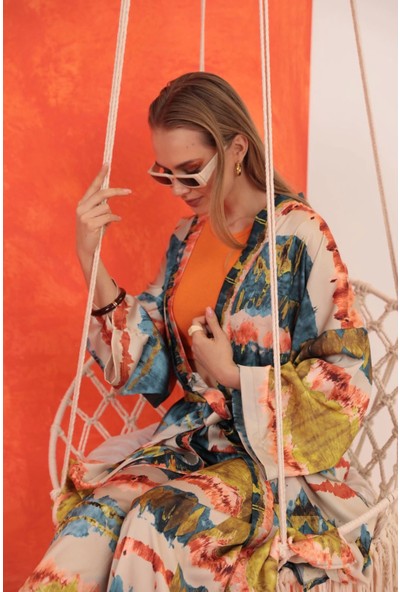 Saten Kumaş Batik Desen Kadın Kimono-Yağ Yeşili