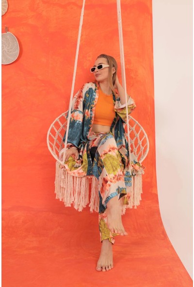 Saten Kumaş Batik Desen Kadın Kimono-Yağ Yeşili