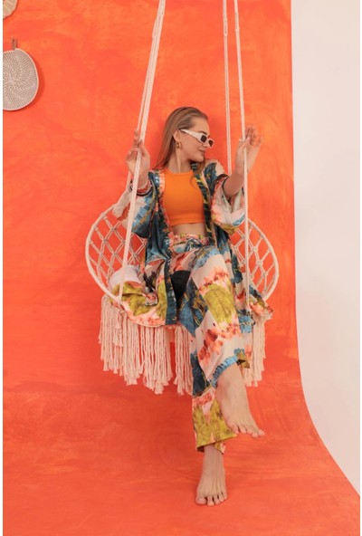 Saten Kumaş Batik Desen Kadın Kimono-Yağ Yeşili