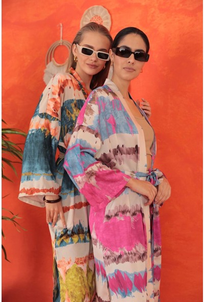 Saten Kumaş Batik Desen Kadın Kimono-Fuşya