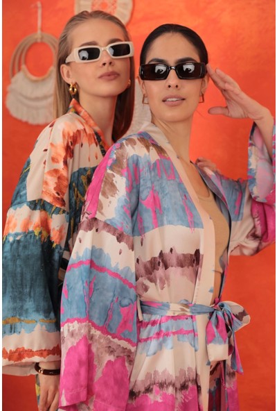 Saten Kumaş Batik Desen Kadın Kimono-Fuşya