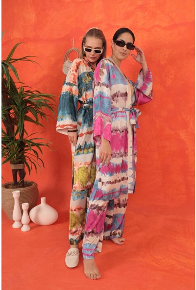 Saten Kumaş Batik Desen Kadın Kimono-Fuşya