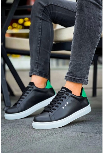 Kb-X7  Kuback Siyah Yeşil Yüksek Beyaz Taban Bağcıklı Günlük Erkek Ayakkabı