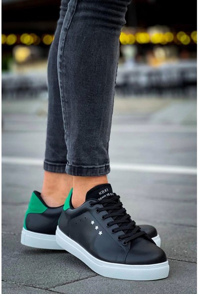 Kb-X7  Kuback Siyah Yeşil Yüksek Beyaz Taban Bağcıklı Günlük Erkek Ayakkabı