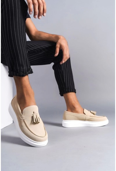 SLW154 Blaze Bağcıksız Püsküllü Süet Erkek Günlük Spor Klasik Ayakkabı Bt Krem