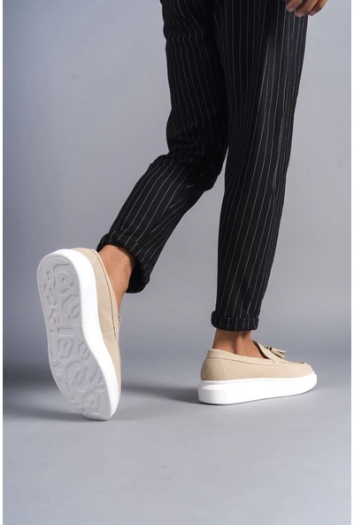 SLW154 Blaze Bağcıksız Püsküllü Süet Erkek Günlük Spor Klasik Ayakkabı Bt Krem