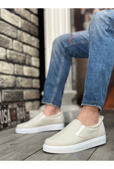 BA0339 Bağcıksız Keten Krem Beyaz Taban Günlük Erkek Ayakkabı