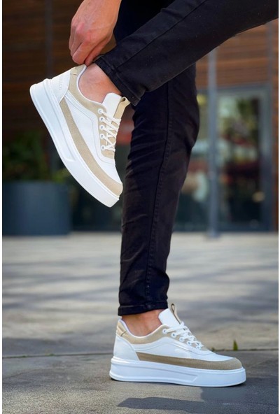 KB-006 Kuback Beyaz Cilt Bej Süet  Yüksek Taban Bağcıklı Günlük Erkek Ayakkabı